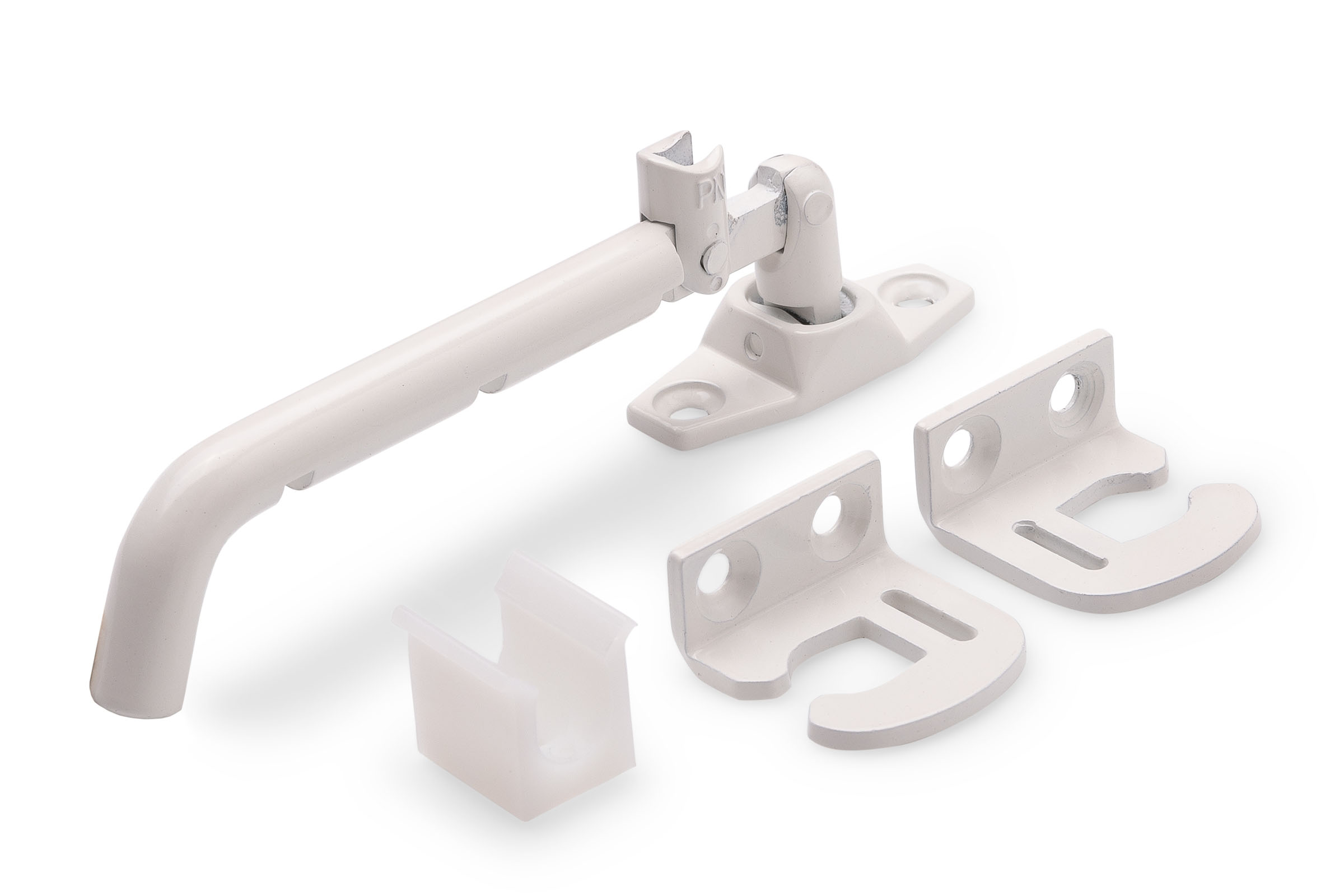 0150.110.2860 Verstelbare kierstandhouder met veiligheidssluiting incl. sluithaken (type SH 861B en SH 862B) / voor naar buitendraaiende deuren en ramen / staal wit geëpoxeerd