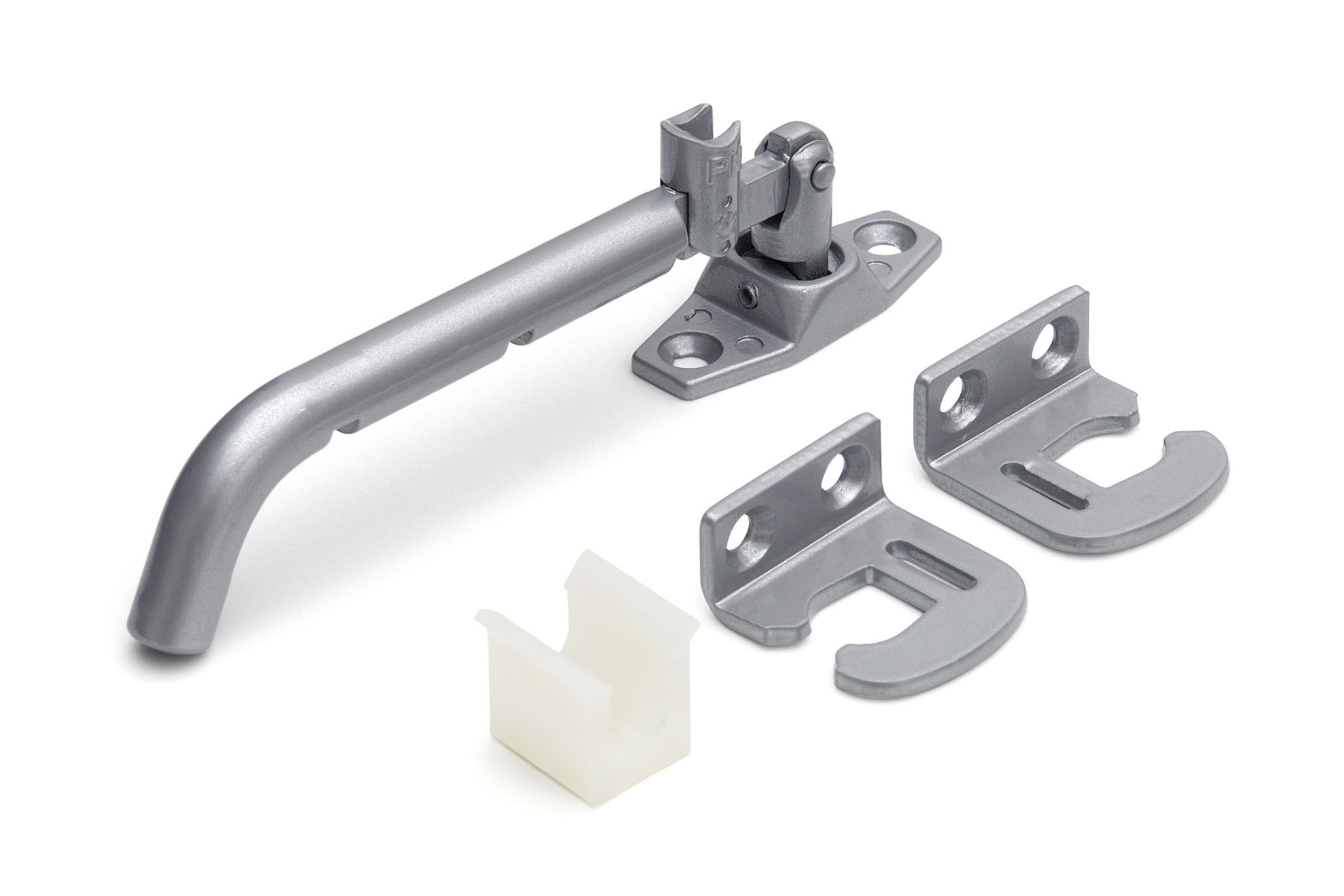 0150.110.2980 Verstelbare kierstandhouder met veiligheidssluiting incl. sluithaken (type SH 881B en SH 882B) / voor naar buitendraaiende deuren en ramen / staal zilvergrijs