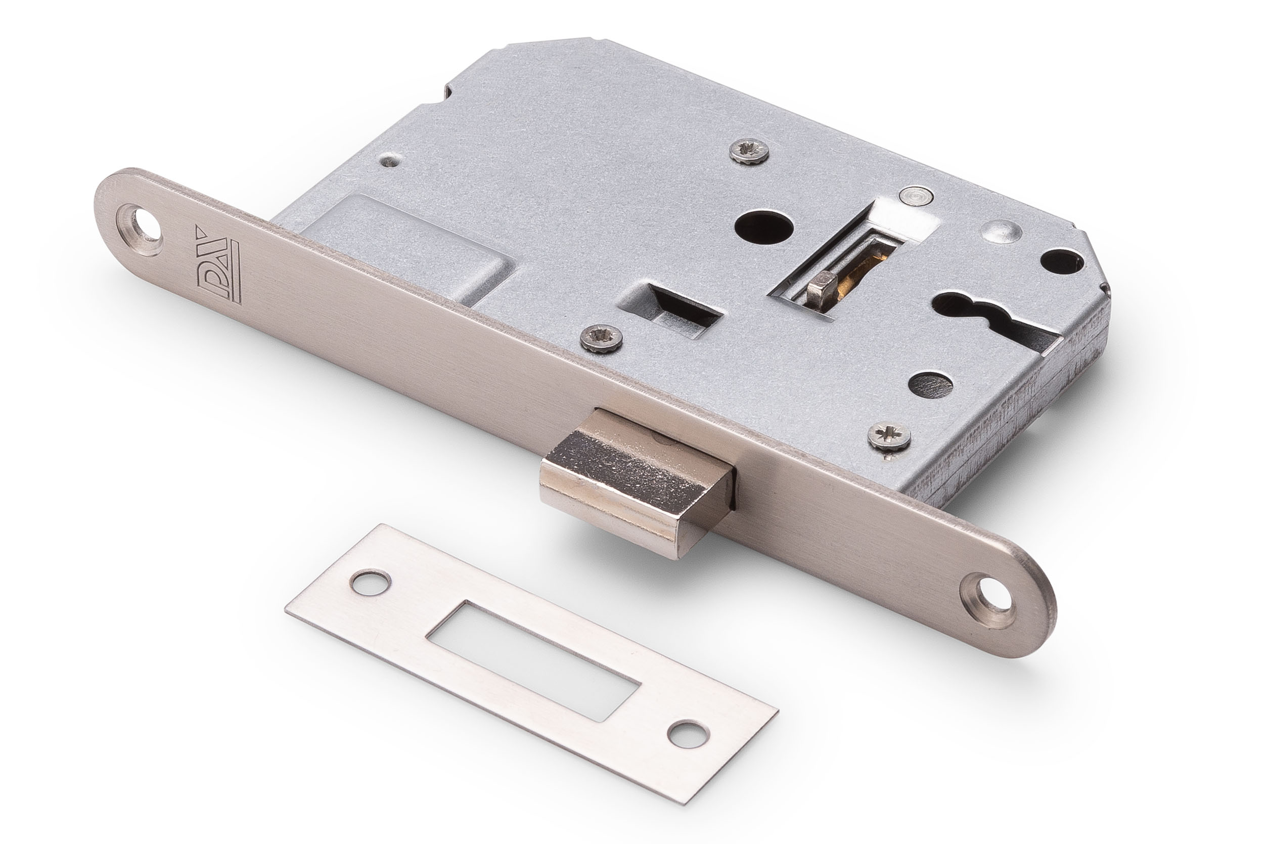 0160.283.5005 Kastslot / doornmaat 50mm / incl 2 sleutels / ronde voorplaat RVS / inclusief rechthoekige sluitplaat