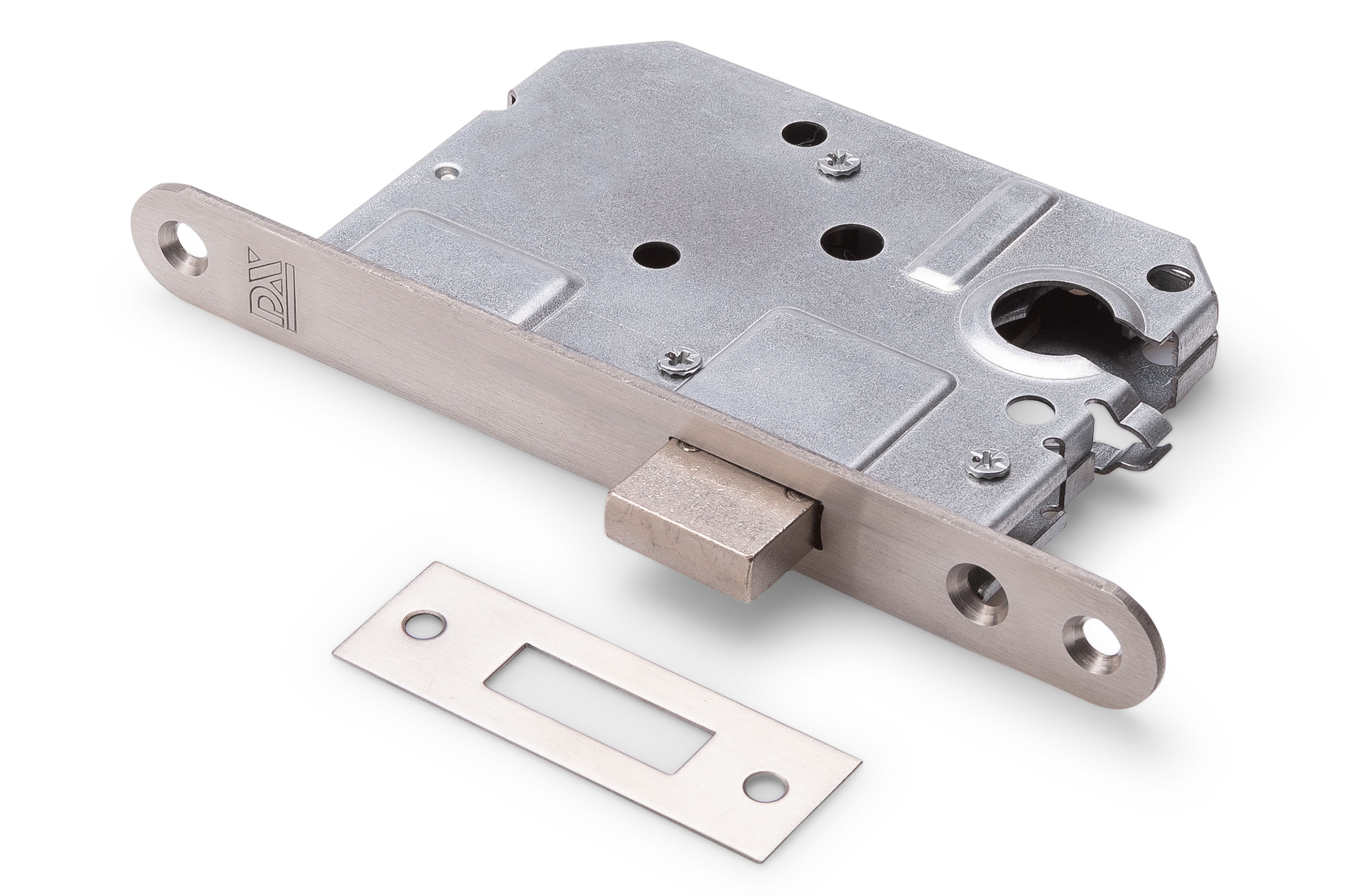 0160.283.5015 Kastslot / doornmaat 50mm / euro cilinder / ronde voorplaat RVS / inclusief rechthoekige sluitplaat